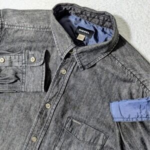 Diesel Chambray Button Up Shirt Mens Sm Grey/Black Denim Look L/S Cotton Pocket